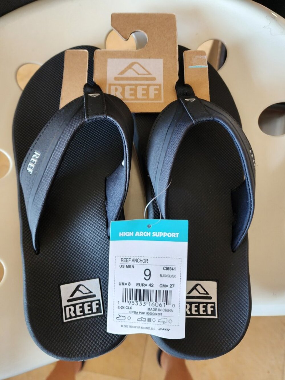 Reef Anchor High Arch Support Black/Silver Sandal Flip Flop US Men's size US 9